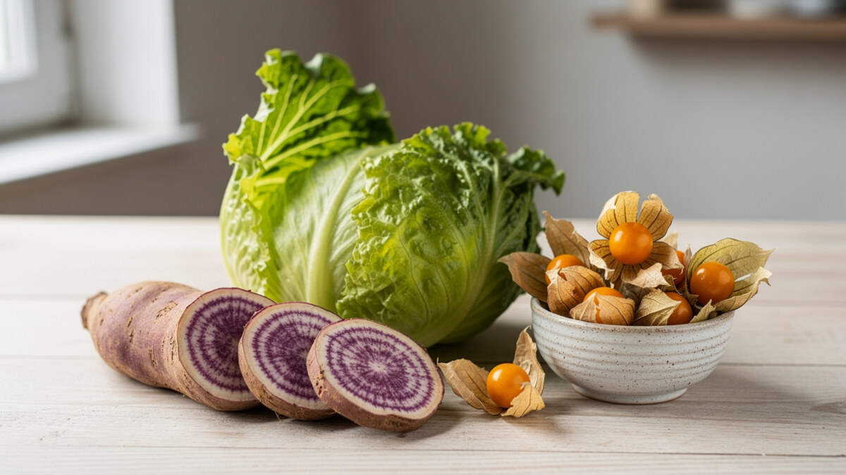 Laitue iceberg, igname violet et physalis pour une liste d’aliments en I