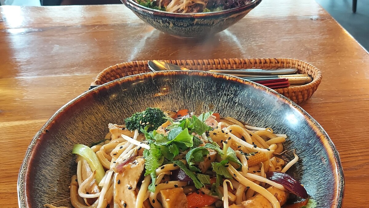 Bol de nouilles udon avec tofu et légumes, un aliment commençant par U