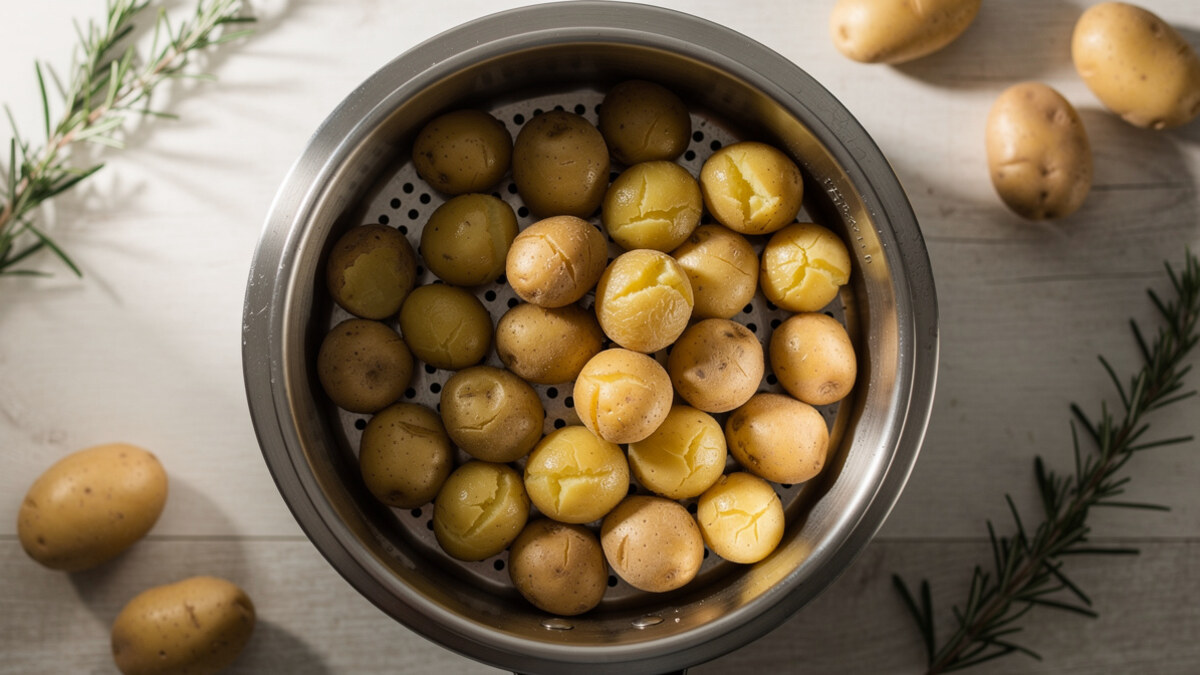 Pommes de terre vapeur dans un panier de cuisson en inox