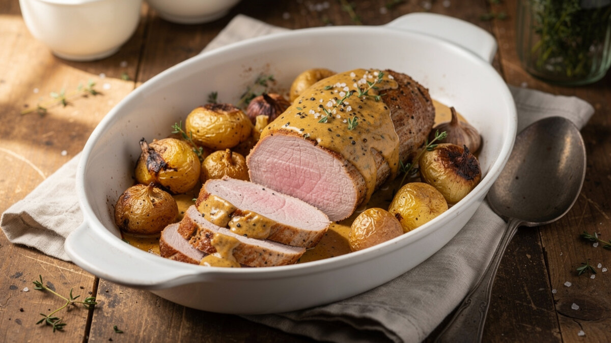 Filets mignons de porc au four, tranchés, avec sauce moutarde, échalotes et pommes de terre rôties