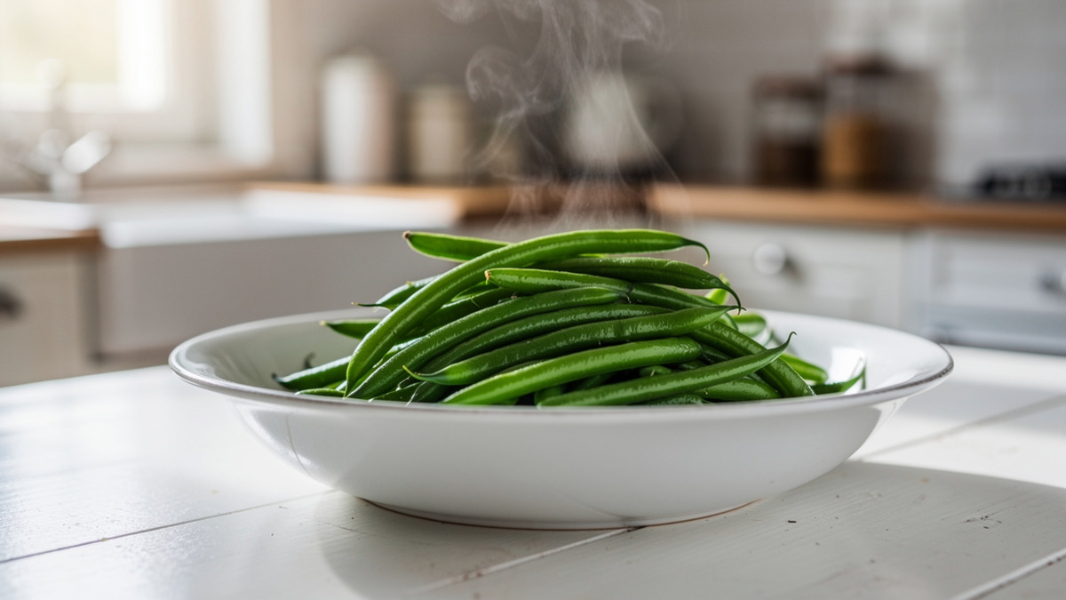 Haricots verts cuits et servis dans un saladier blanc
