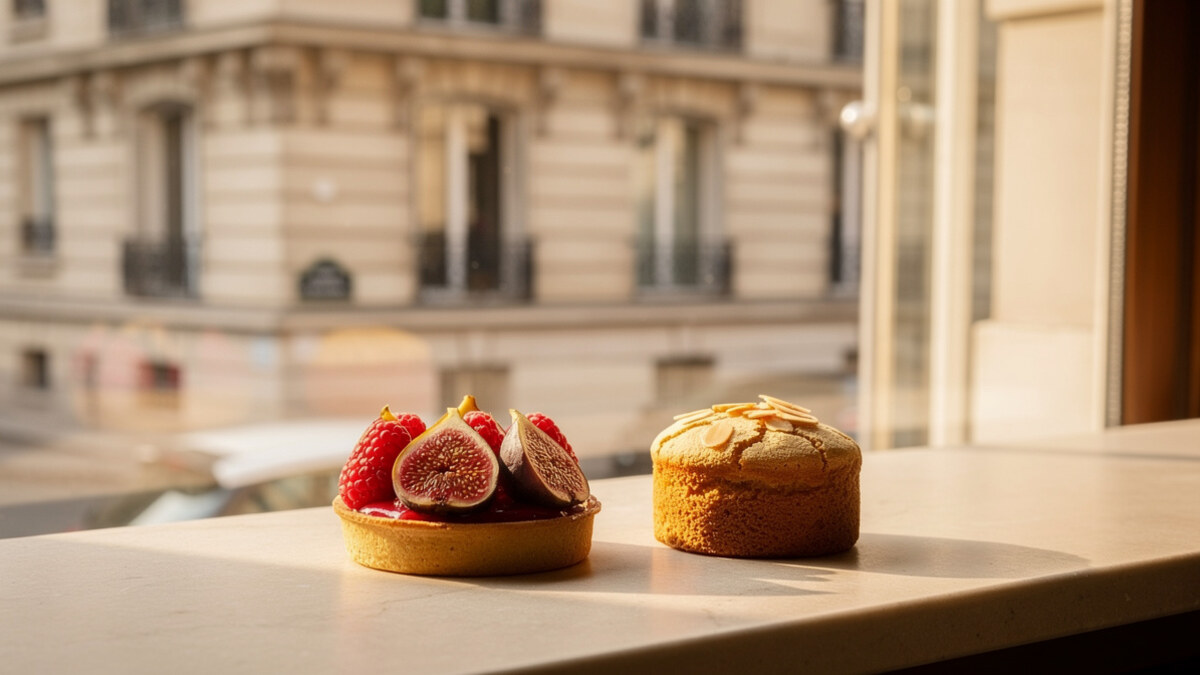 Pâtisseries artisanales sans sucre ajouté dans une vitrine parisienne