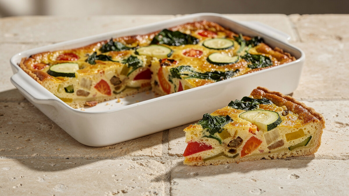 Quiche sans pâte aux légumes avec courgette, poivron, épinards et tomate