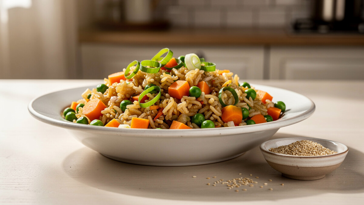 Riz sauté aux légumes dans un bol, une idée simple pour utiliser du riz déjà cuit