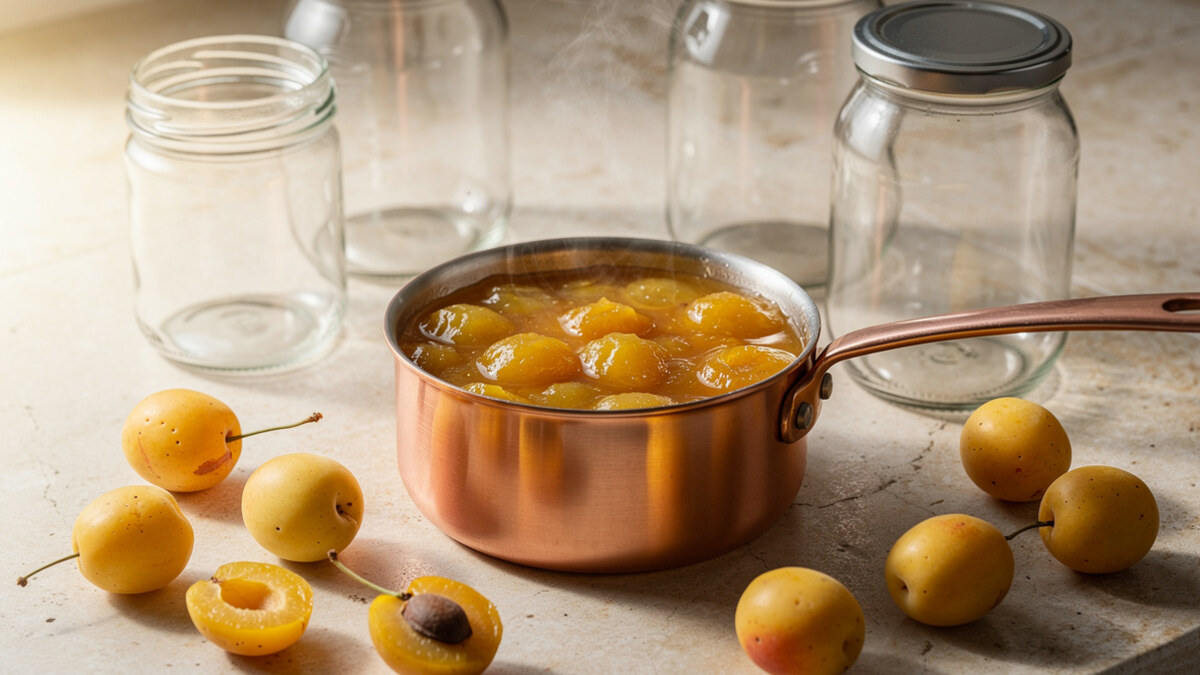 Confiture de mirabelles dorée dans une casserole en cuivre avec des mirabelles fraîches