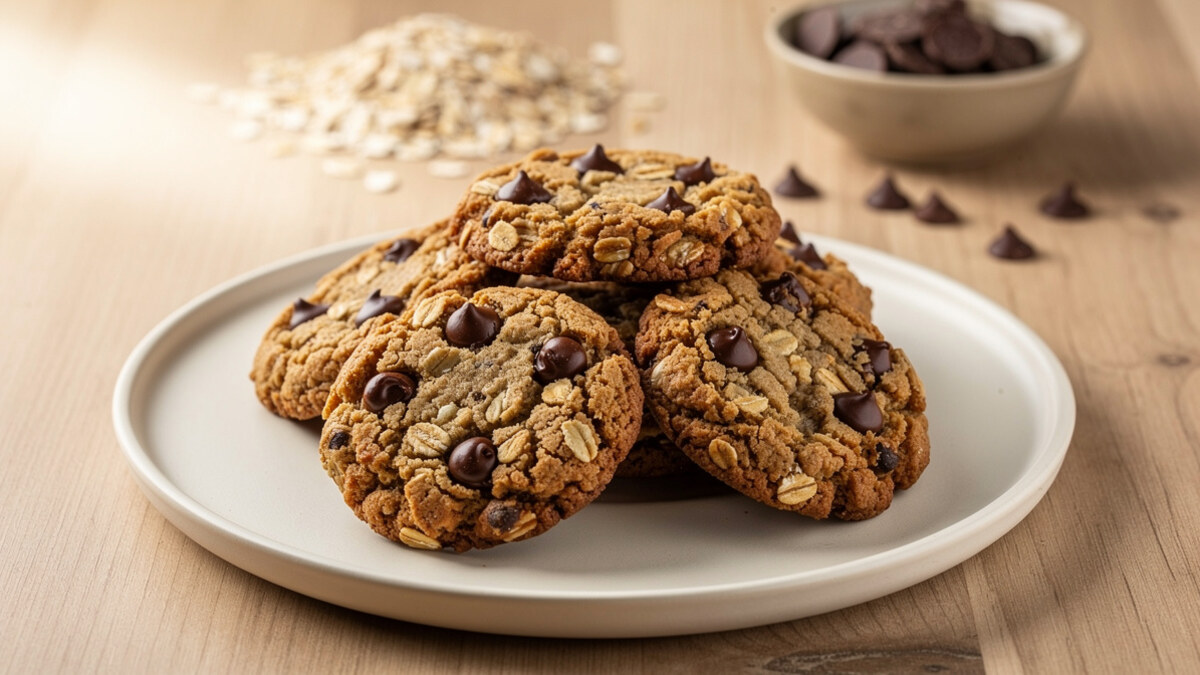 Cookies sans sucre ajouté à l’avoine et aux pépites de chocolat sur une assiette