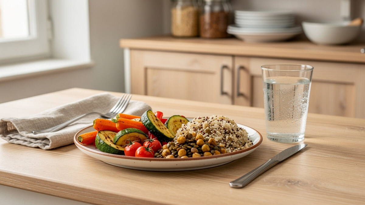 Assiette équilibrée avec légumes, céréales complètes et légumineuses sur une table de cuisine