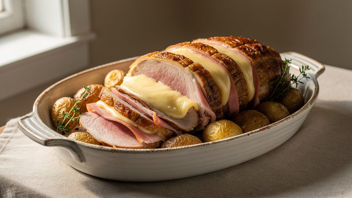 Rôti de porc Orloff doré au four, garni de fromage fondant et servi avec des pommes de terre
