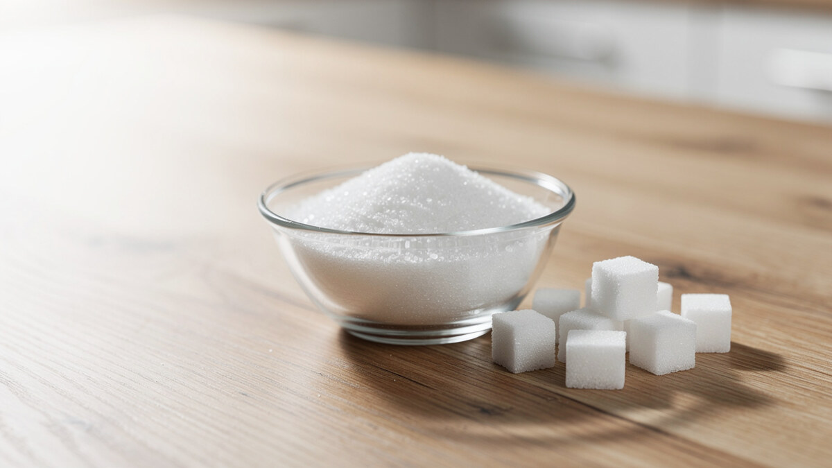 Sucre blanc en poudre et morceaux dans un bol en verre
