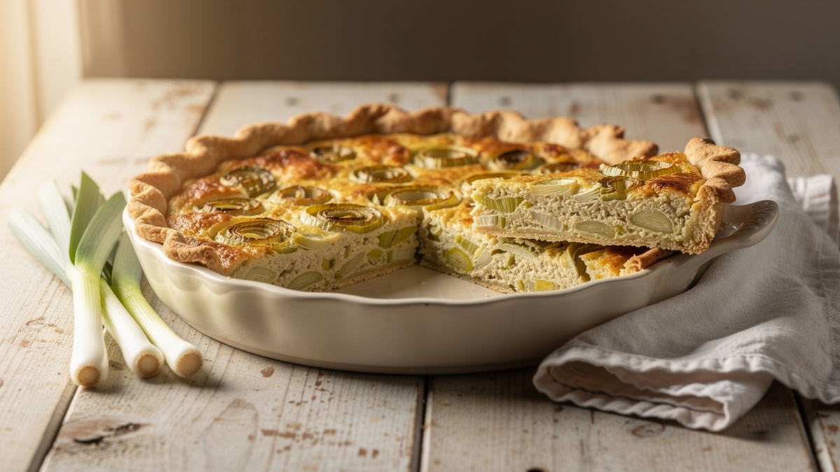 Tarte aux poireaux maison dorée, avec une part servie dans un plat en céramique