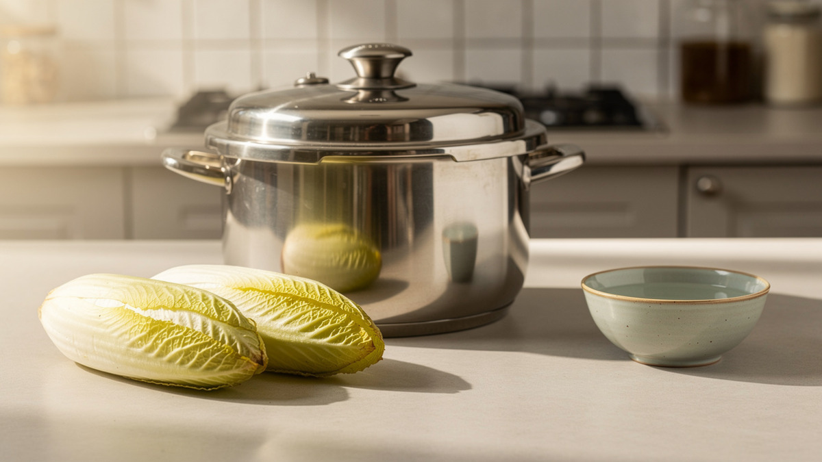 Endives fraîches et cocotte-minute dans une cuisine, pour illustrer leur temps de cuisson