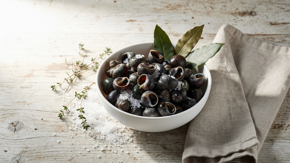 Bigorneaux cuits dans un bol avec sel et herbes